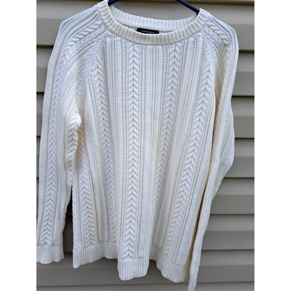 Lands' End Women's Cotton Ivory Cable Crewneck Long Sleeve Sweater Pullover L